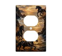 Horse Duplex Outlet Covers Wall Plate, Nature Realism Ocean Sunset None Brown Plastic Standard Size Double Power Outlet Cover Plate for Living Room Bedroom Home Office Decor