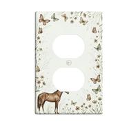 Horse Duplex Outlet Covers Wall Plate, Nature Rustic Butterfly Flower Spring Green Plastic Standard Size Decorative Receptacle Outlet Covers for Bedroom Bathroom Kitchen Entrance Decor