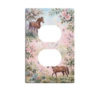 Horse Duplex Outlet Covers Wall Plate, Nature Rustic Flowers Butterflies Spring Peach Plastic Standard Size Wall Plates for Electrical Outlets for Home Living Room Bedroom Bathroom Decor