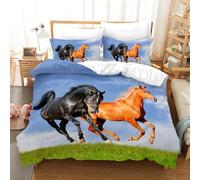 Horse Duvet Cover，Running Herd of Horses Under Blue Sky White Cloud Comforter Set for Boys Teens Wild Animal Bedding Farmhouse Theme Quilt Cover Room Decor 3Pcs (Color 1,Single:135x200cm (3Piece))