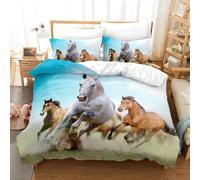 Horse Duvet Cover，Running Herd of Horses Under Blue Sky White Cloud Comforter Set for Boys Teens Wild Animal Bedding Farmhouse Theme Quilt Cover Room Decor 3Pcs (Color 16,Double:200x200cm(3Piece))