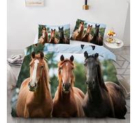 Horse Duvet Cover Sets Bedding Set Single Size - 135x200cm Three Brown Animal Horses Super Soft Luxury Anti Allergic Duvet Set, Easy Care and Breathable Microfiber Covers With 2 Pillowcase