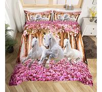Horse Duvet Cover White Galloping Horse Bedding Set For Kids Boys Girls Children Pink Flowers Petal Bedding & Linen Ultra Soft Chic Wildlife Style Bedding & Linen Double Zipper