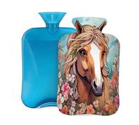 Horse Fairytale Flowers Hot Water Bottle with Cover, 2L PVC Hot Water Bag with Soft Cover, Reusable Heating Pad for Pain Relief Warm Hands Waist Abdomen Feet & Bed