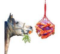 Horse Feeding Bag Durable & Washable Rope Holder Carrot Grass Vegetable Stress Relief Hanging Feeder for Goat Sheep (Red)