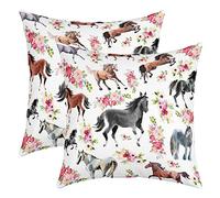 Horse Floral Throw Pillow Covers for Sofa Bed Set of 2 Galloping Horse Flowers Decorative Pillows Cushion Covers Cute Animal Decor Botanical Blossom Print Pillow Inserts Not Included 16x16 Inch