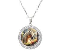 Horse From Window Flower Funny Necklace With Printed Pendant Novelty Diamond Jewelry for Women Men Silver/Gold