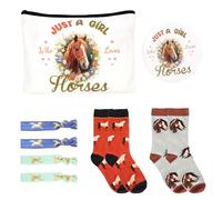Horse Gifts for Girls Travel Cosmetic Bag Zipper Pouch, Compact Horse Mirror, 4 Colourful Hair Ties & 2 Pairs Knitted Horse Socks, Ideal Horse Gifts for Girls Women Teens Daughter Sister