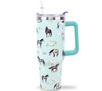 Horse Gifts for Women Tumbler with Handle and Straw, 40 oz Vacuum Insulated Water Bottle Stainless Steel Travel Coffee Mug, Animal Lover Cute Horse Stuff Floral Cup for Home Office Car Outdoors Sports
