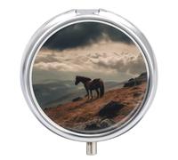 Horse Grazing on The Mountain Travel Pill Box Case 3 Compartment Cute Pill Organizer Metal Pill Holder with Mirror Small Medicine Organizer Daily Pill Container for Purse Pocket Portable Meds Box