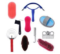 Horse Grooming Kit 10Pcs Equestrian Brush Set with Sweat Scraper Combs Hoof Pick for Horse Care Cleaning Tools Lightweight Portable Durable Silicone Wood As Pictures Show