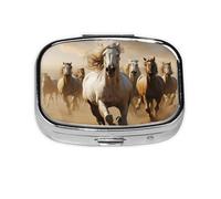 Horse Herd Print Pill Box Square Pill Case 2 Compartment Small Metal Medicine Organizer Portable Travel Pillbox for Pocket Purse Cute Mini Pill Container to Hold Daily Vitamins