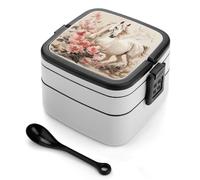 Horse Image Bento Box with Spoon & Handle - 2 Compartment Leak-Proof Stackable Lunch Box for Adults, BPA-Free Reusable Food Containers for Work, Travel, Picnic