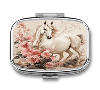 Horse Image Pill Box 2-Compartment Portable Pill Case Square Metal Medication Organizer Small Weekly Medication Case with Mirror Stylish Vitamin Holder for Purse Pocket Travel