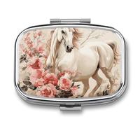 Horse Image Pill Box - 2 Compartment Travel Pill Organizer with Small Mirror, Portable Pillcase for Pocket & Purse, Cute Square Medicine Case, Weekly Medicine Container