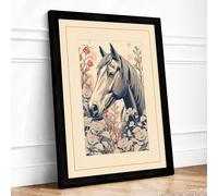 Horse in Botanical Grace Art Deco Framed Wall Art Print A1 (84.1×59.4cm) Black, Wall Decor for Living Room, Bedroom, Office & Home, Ready to Hang, Art Gift