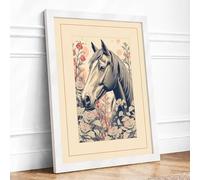 Horse in Botanical Grace Art Deco Framed Wall Art Print A2 (59.4×42cm) White, Wall Decor for Living Room, Bedroom, Office & Home, Ready to Hang, Art Gift