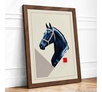 Horse in Navy Modern Framed Wall Art Print A1 (84.1×59.4cm) Walnut, Wall Decor for Living Room, Bedroom, Office & Home, Ready to Hang, Art Gift