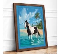 Horse in Tropical Waters Coastal Framed Wall Art Print A3 Walnut