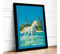 Horse in Turquoise Waters Tropical Framed Wall Art Print A2 Black