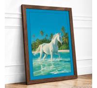 Horse in Turquoise Waters Tropical Framed Wall Art Print A3 Walnut