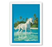 Horse in Turquoise Waters Tropical Framed Wall Art Print A4 (29.7×21cm) White, Wall Decor for Living Room, Bedroom, Office & Home, Ready to Hang, Art Gift