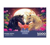 Horse Jigsaw Puzzles 1000 Pc Recycled Paper Black-white Horses Nuzzling by Moon & Flowers for Adults Kids Hard Difficult Challenge Educational Game Home Activity 38x26cm/1000pcs
