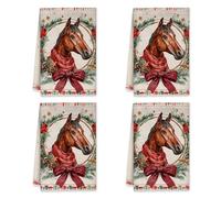 Horse Kitchen Towels, Christmas Rustic Wreath Bow Christmas Red Microfiber Hand Towels Holiday Kitchen Decor 16x24 Inch (Set of 4)