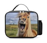 Horse Laughing Leather Insulated Lunch Bag Reusable Lunchbox Portable Tote Bags with Detachable Buckled Handle 21x27x9cm