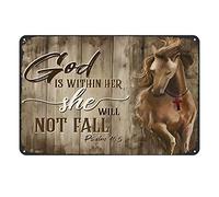 Horse Life God is Within Her She Will Not Fall Tin Sign Vintage Art Wall Decor Sign 8x12 Inches Home Kitchen Bar Patio Cave Funny Decor Metal Sign
