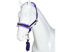 Horse Master Fluffy Headcollar and Leadrope Set - Diamante Soft Fur Padded Halters for Horses - Super Flexible and Adjustable Pony Controller Equipment for Training and Outdoor Riding (Pony, Purple)