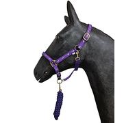 HORSE MASTER Padded Headcollar Lead Rope - Comfortable Stylish Horse Printed Halter with Detachable Leadrope - Stable Yard Equipment for Pony Cob Full and Shetland, Purple