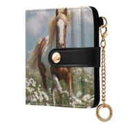 Horse Meadow Flower White Pattern Small Women Wallet PU Leather RFID Blocking Bifold Compact Card Holder with Zipper Coin Pocket Purse for Ladies Girls Women