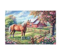 Horse near Red Barn with Apple Tree 1000 Piece Premium Jigsaw Puzzle For Men Educational Decompression Adults Anxiety Memory Care Mothers Valentines Wooden 1000 PCS