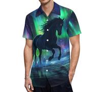 Horse Northern Light Men's Button Down Shirt Casual Short Sleeve Shirts Beach Summer Shirt with Pocket