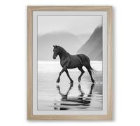 Horse on Empty Shore Minimalist Framed Wall Art Print A4 (29.7×21cm) Oak, Wall Decor for Living Room, Bedroom, Office & Home, Ready to Hang, Art Gift
