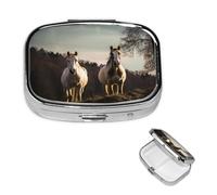 Horse On Mountain Pill Case Portable Square Pill Box 2 Compartment Pill Organizer Cute Travel Pill Container Vitamin Organizer for Purse Pocket Travel Gift