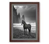 Horse on Rocky Shore Coastal Framed Wall Art Print A1 (84.1×59.4cm) Walnut, Wall Decor for Living Room, Bedroom, Office & Home, Ready to Hang, Art Gift