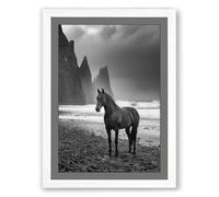 Horse on Rocky Shore Coastal Framed Wall Art Print A4 (29.7×21cm) White, Wall Decor for Living Room, Bedroom, Office & Home, Ready to Hang, Art Gift