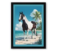 Horse on Tropical Shore Coastal Framed Wall Art Print A4 (29.7×21cm) Black, Wall Decor for Living Room, Bedroom, Office & Home, Ready to Hang, Art Gift