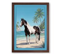 Horse on Tropical Shore Coastal Framed Wall Art Print A4 (29.7×21cm) Walnut, Wall Decor for Living Room, Bedroom, Office & Home, Ready to Hang, Art Gift