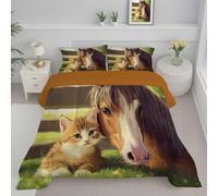 Horse Orange Cat Printed Quilt Set Super King, Soft Breathable Healing Style Realistic Style Coverless Duvet, Anti Allergy Reversible Orange Color Quilted Quilt - Microfiber Bedding Set 264x228 cm