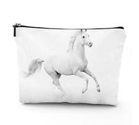 Horse Pattern,Linen Makeup Bags for Women,White Stallion Running Horse,Cosmetic Bag Toiletry Bag Travel Case Waterproof,Makeup Pouch Bag for Purse,White Black,7x9in