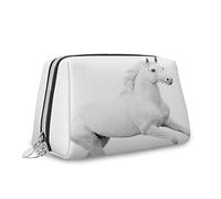 Horse Pattern, Makeup Bag Cosmetic Bag,White Stallion Running Horse,Leather Organizer Make Up Bag Reusable Toiletry Bag,White Black,S