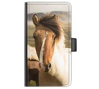 Horse Phone Case For Apple iPhones, 16, 15, 14,13, 12, 11, Pro Max, Mini, XR, XS, SE, PU Leather Phone Case with Brown and White Pony, Side Flip Wallet Phone Cover