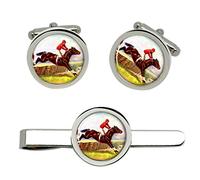 Horse Racing over Hurdles Cufflinks and Tie Clip Set