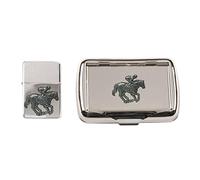 Horse Racing Polished Chrome Tobacco tin and stormproof Petrol Lighter