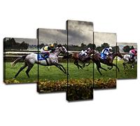 Horse Racing Wall Art Modern Pictures for Living Room Artwork Painting Dining Room Decor 5 Panel Canvas Prints Racehorse Poster Bedroom Decoration Framed Ready to Hang(60''Wx32''H)