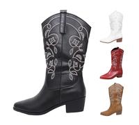 Horse Riding Boots Cowboy Boots for Women Ladies Mid Wide Calf Cowgirl Riding Boot Retro Chunky Heel Shoes Comfort Lightweight Ankle Booties Fashion Embroidery Western Wedding Party Shoes A Black