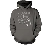 Horse Riding Hoody - Life is Good but Horses Make it Better - Unisex Hoodie - Horsey Person Pony Rider Equestrian Lovers XL Grey